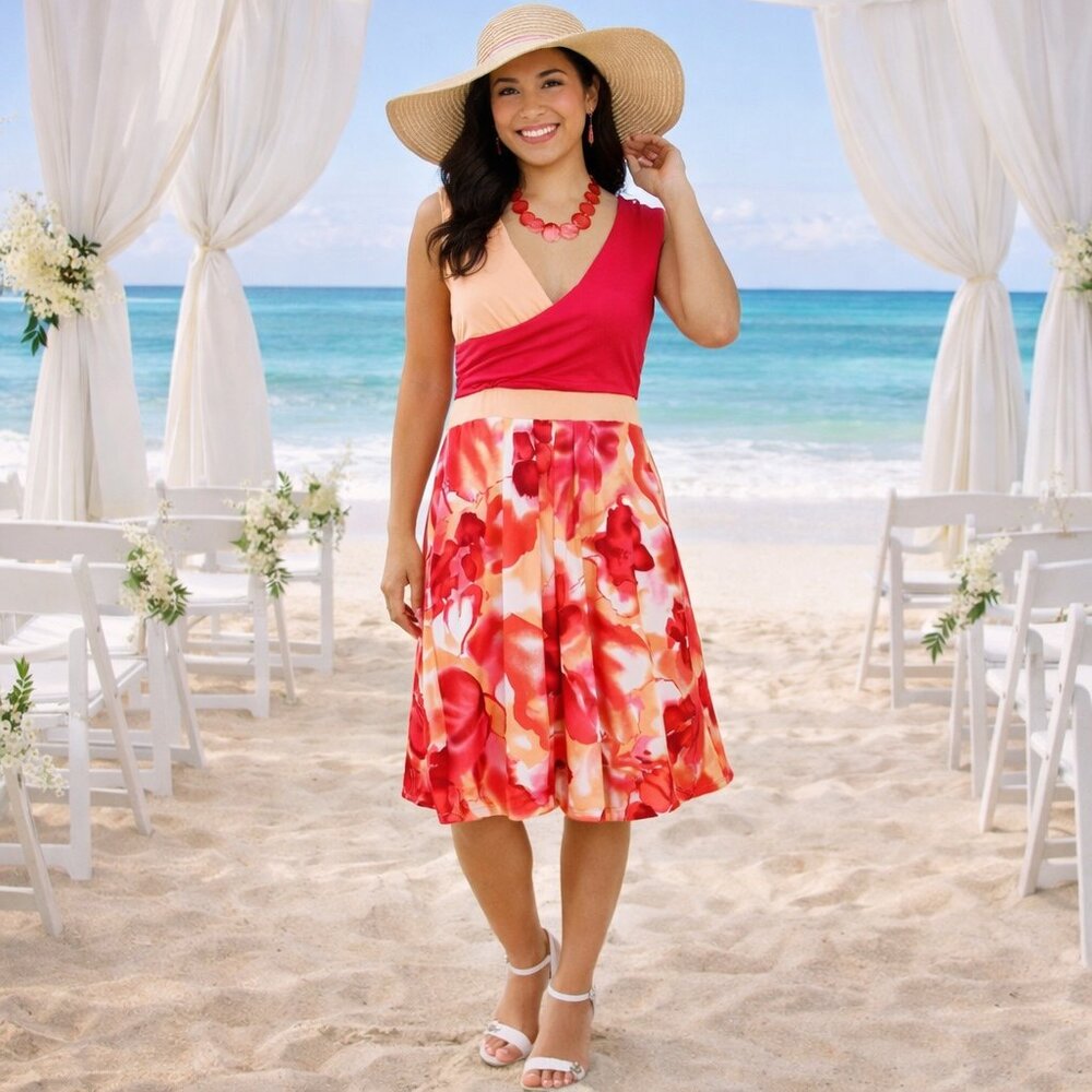 Venus Floral Colorblock Dress Women’s Medium Rayon Spandex Summer Wedding Guest